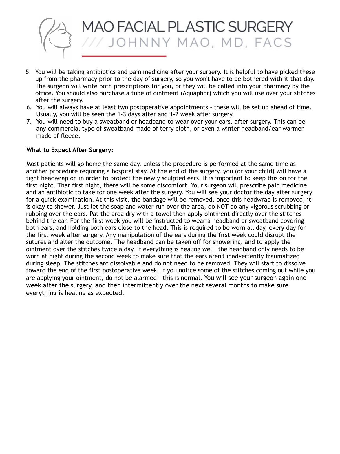Ear Reshaping (Otoplasty) — original instruction sheet, page 2 of 2. Open the PDF for selectable text and zoom.