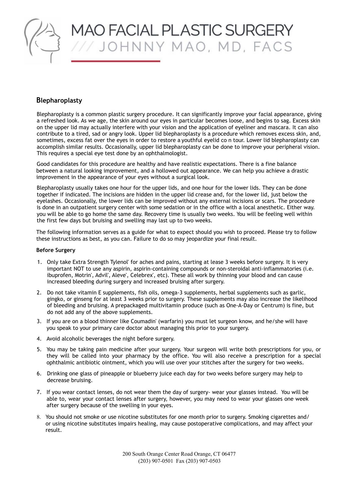 Eyelid Surgery (Blepharoplasty) — original instruction sheet, page 1 of 2. Open the PDF for selectable text and zoom.