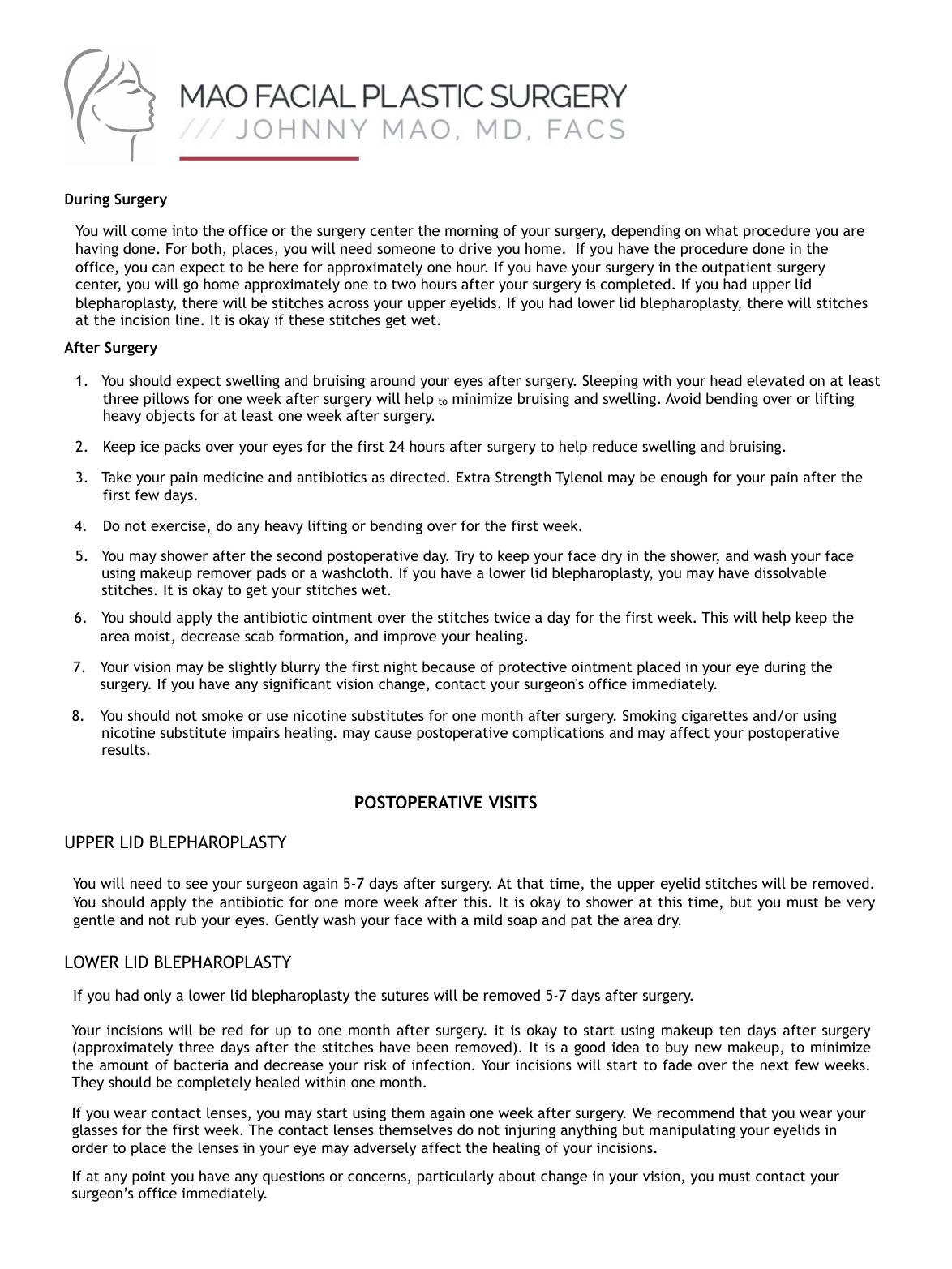 Eyelid Surgery (Blepharoplasty) — original instruction sheet, page 2 of 2. Open the PDF for selectable text and zoom.