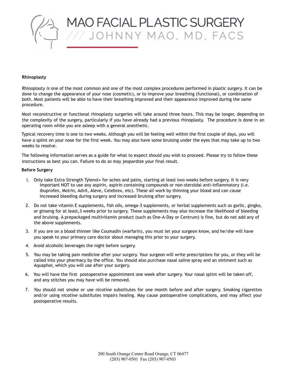 Nose Reshaping (Rhinoplasty) — original instruction sheet, page 1 of 3. Open the PDF for selectable text and zoom.