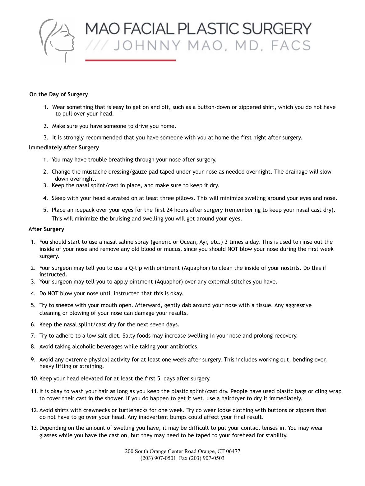 Nose Reshaping (Rhinoplasty) — original instruction sheet, page 2 of 3. Open the PDF for selectable text and zoom.