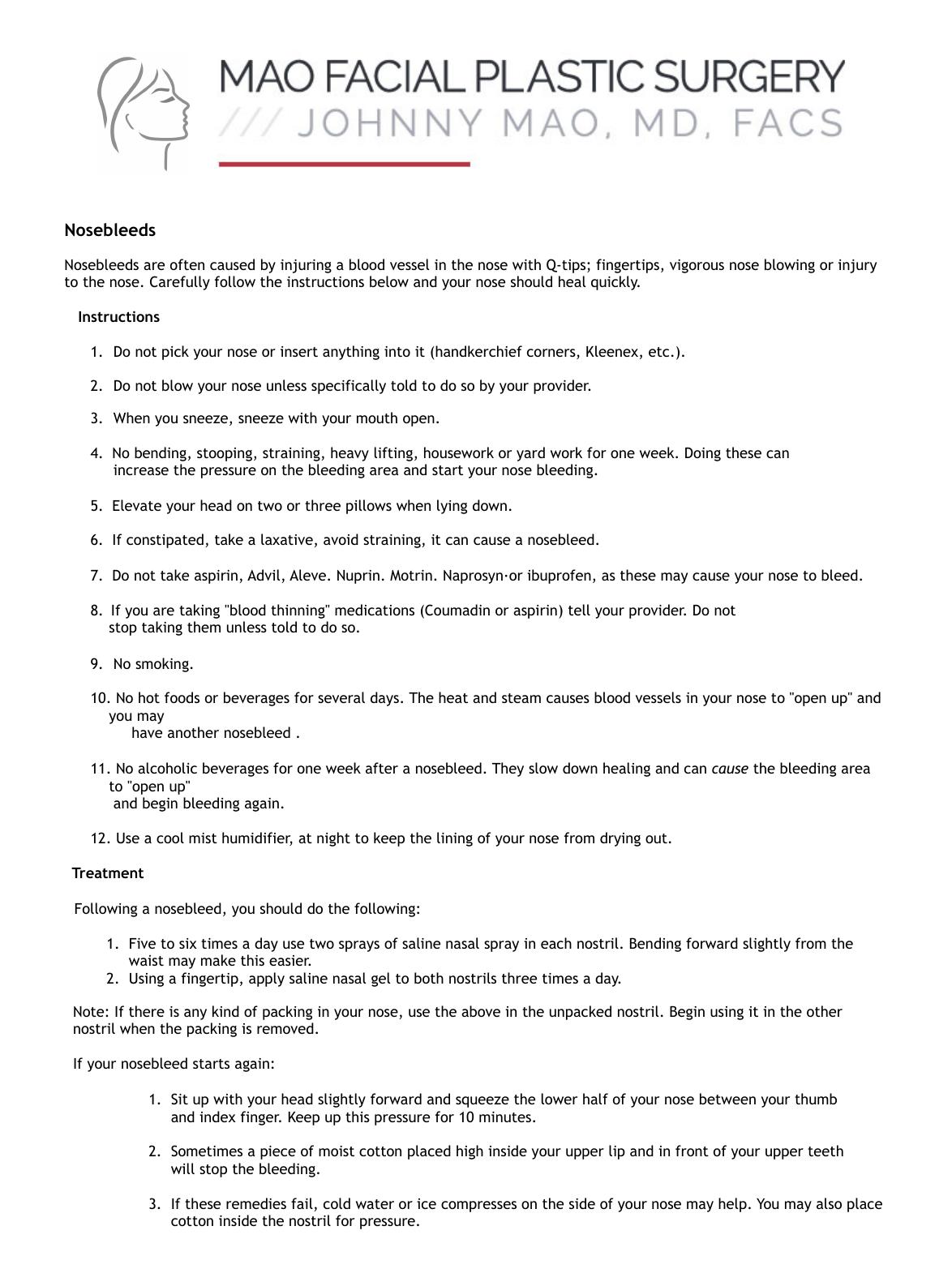 Nosebleeds — original instruction sheet, page 1 of 1. Open the PDF for selectable text and zoom.