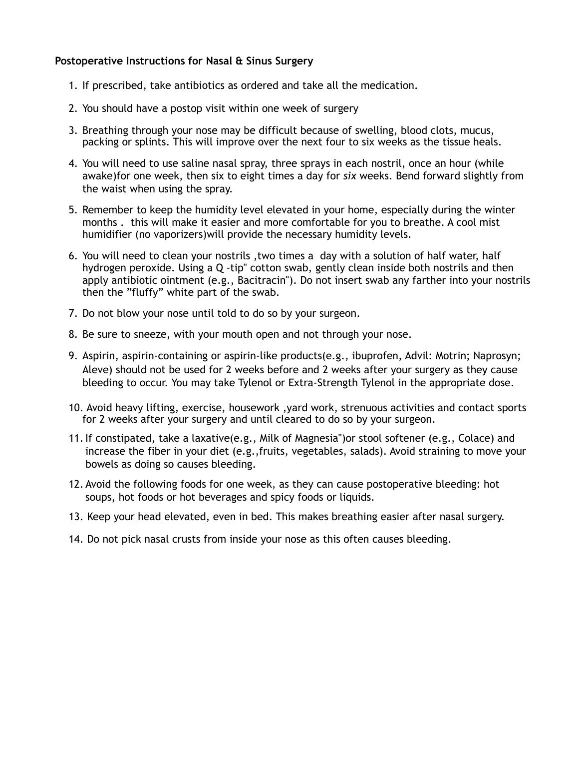 Post-op Instructions for Nasal / Sinus Surgery — original instruction sheet, page 1 of 1. Open the PDF for selectable text and zoom.