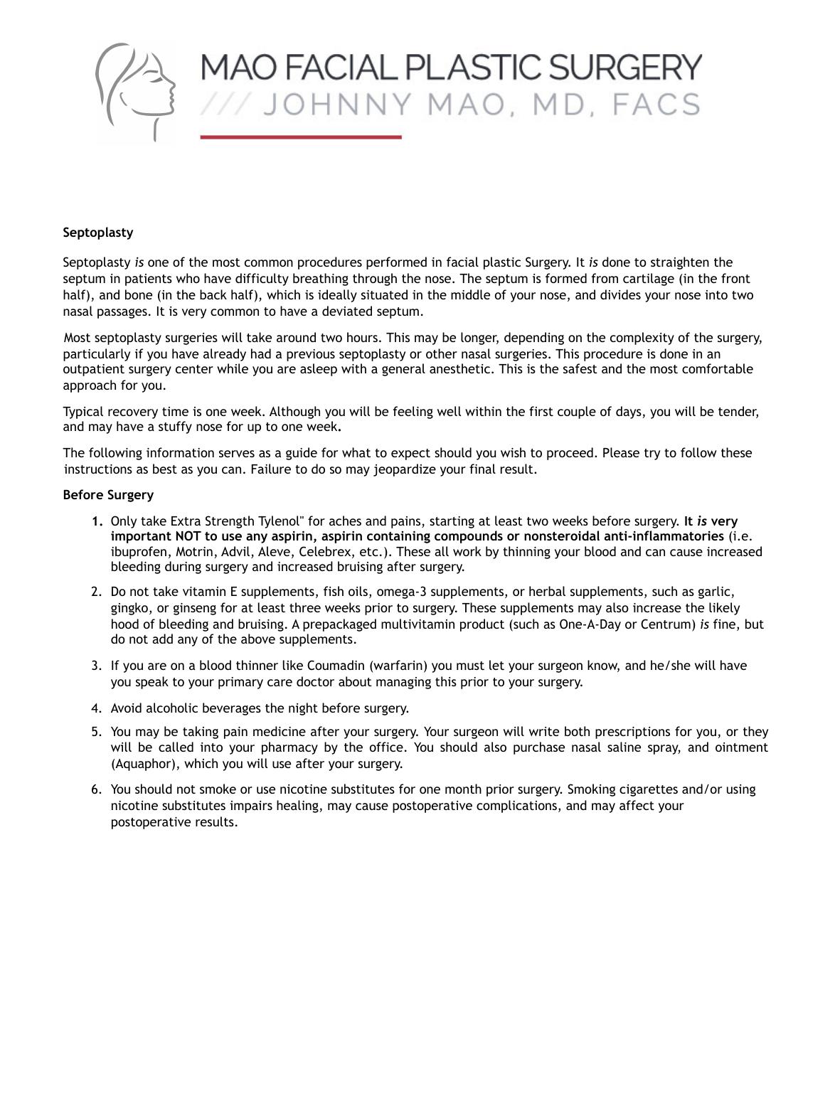 Septoplasty — original instruction sheet, page 1 of 2. Open the PDF for selectable text and zoom.