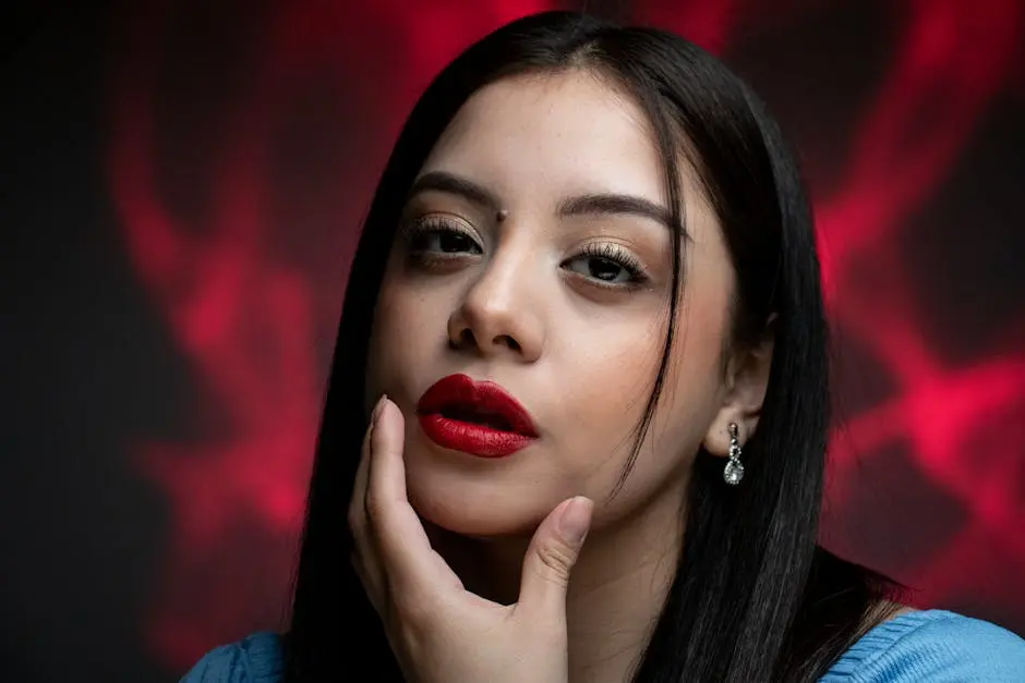 Close-up portrait of a woman with red lipstick and dark hair, elegant and poised.