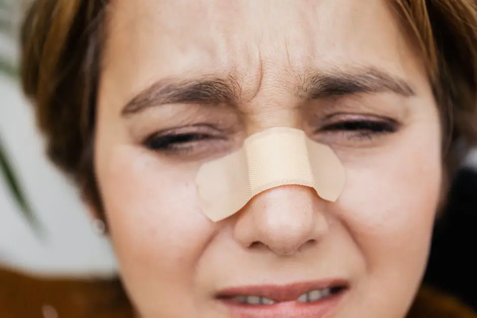 A close-up shot of a woman’s face showing pain with a bandage over her nose.