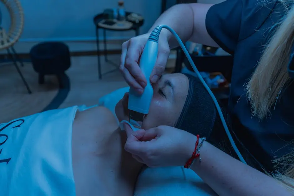 Close-up of a skincare treatment using advanced device in a spa setting.